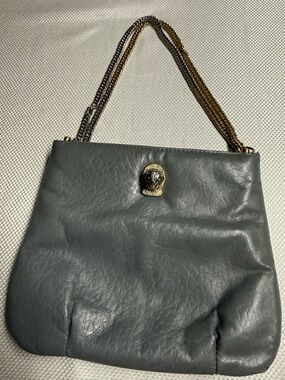 Gray Leather Shoulder Bag with Dual-Tone Chain and Lion-Head Accent